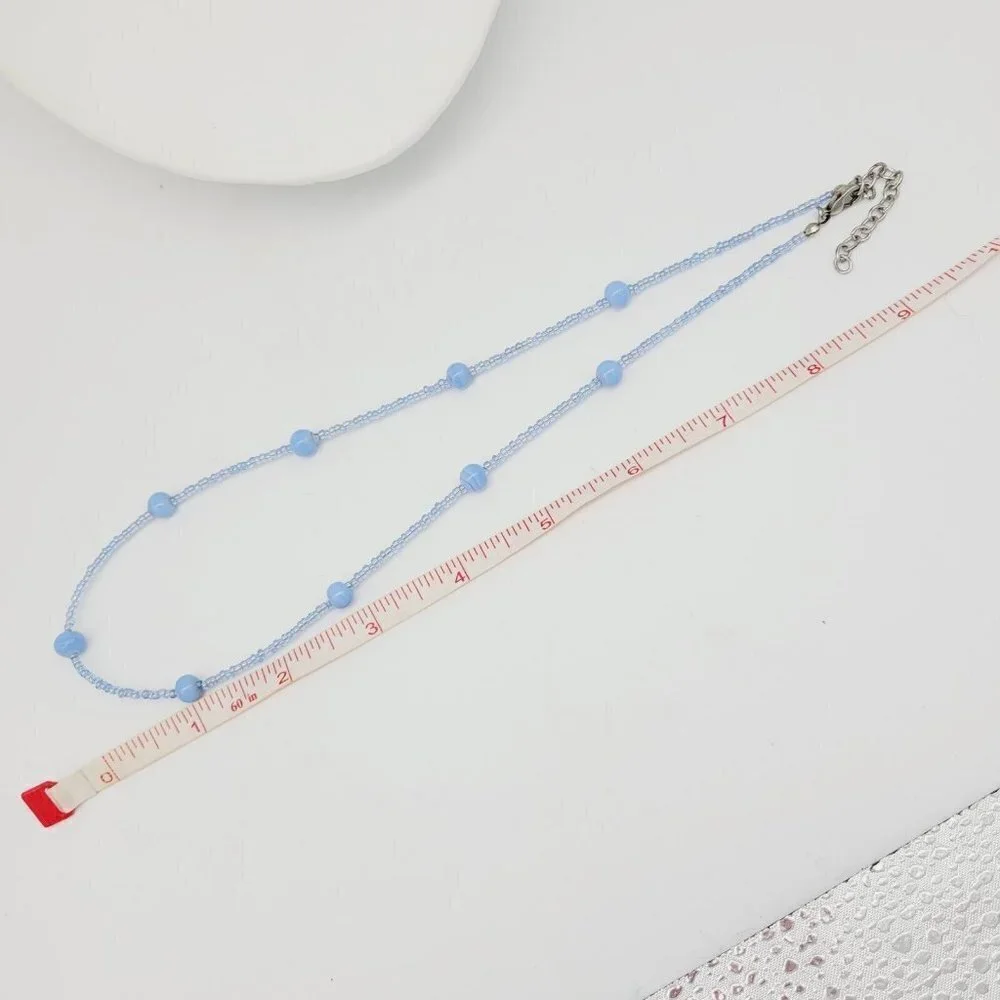 Blue Swirl Glass Beaded Necklace AB Seed Beads 20